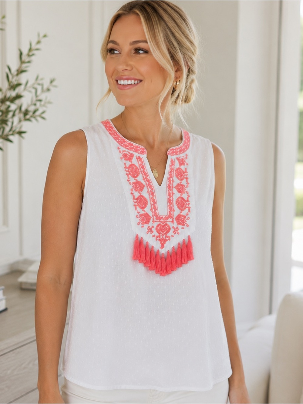 Liz Claiborne 2X White Swiss Dot Embroidered Beaded Tassel Boho Blouse EUC